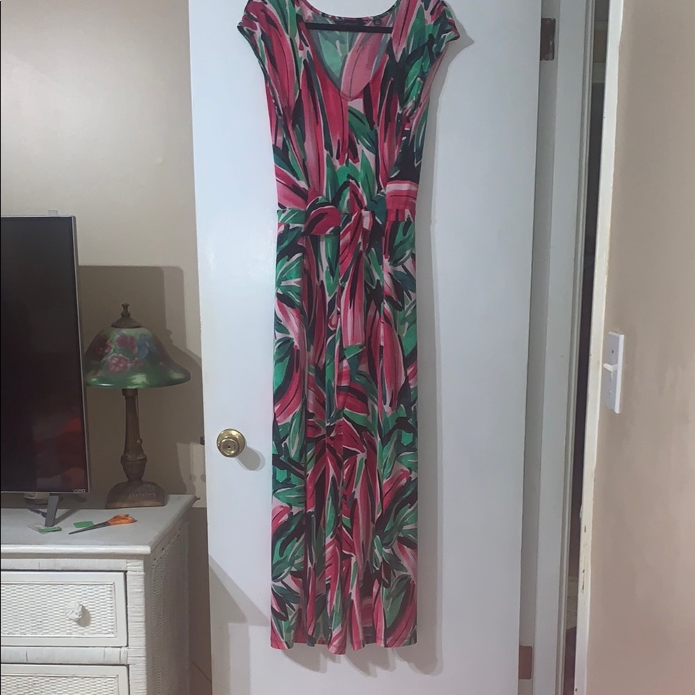 Pink and Green tropical print Jumpsuit with Cap Sleeves and wide legs